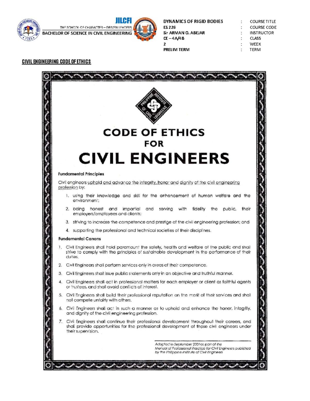 ES 226 Prelim Term: Code of Ethics for Civil Engineers - Studocu