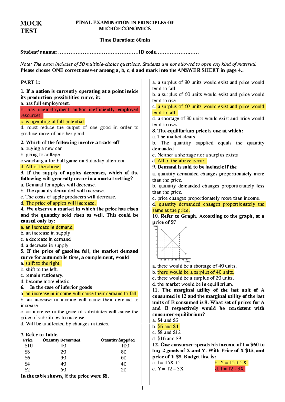 Mock Test - Final Exam in Microeconomics (Course Code: ECO101) - Studocu