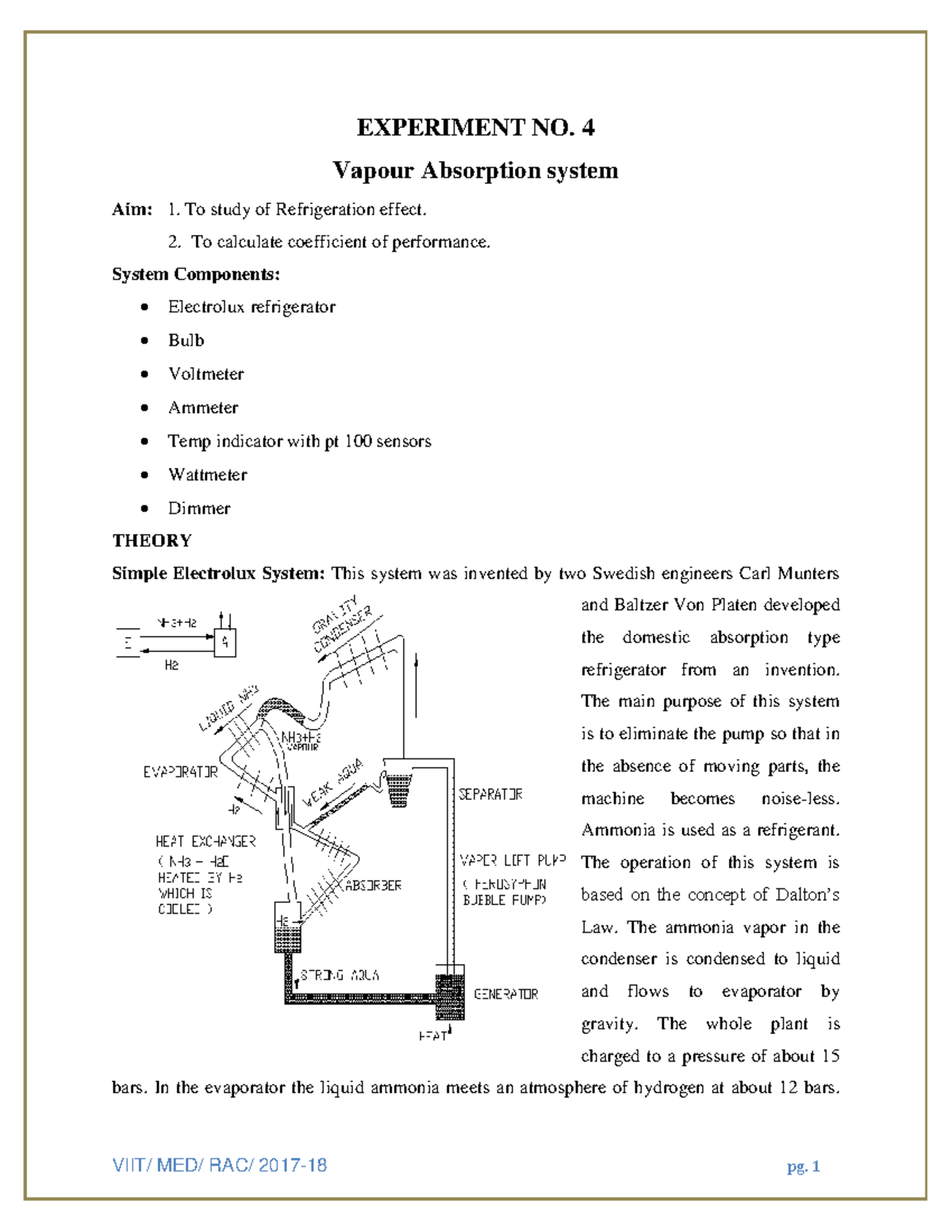 AT Lab Manual: Experiment No. 4 - Vapour Absorption System - Studocu