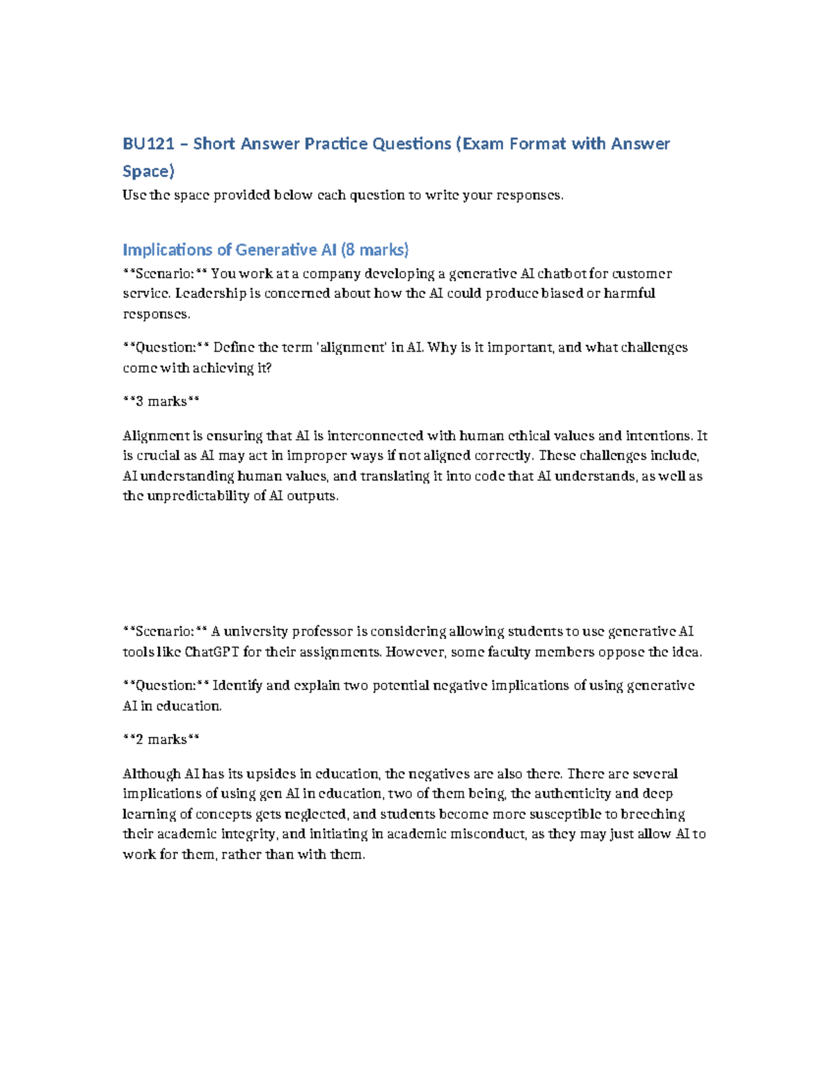 BU121 Short Answer Practice Questions (Exam Format with Answer Space ...