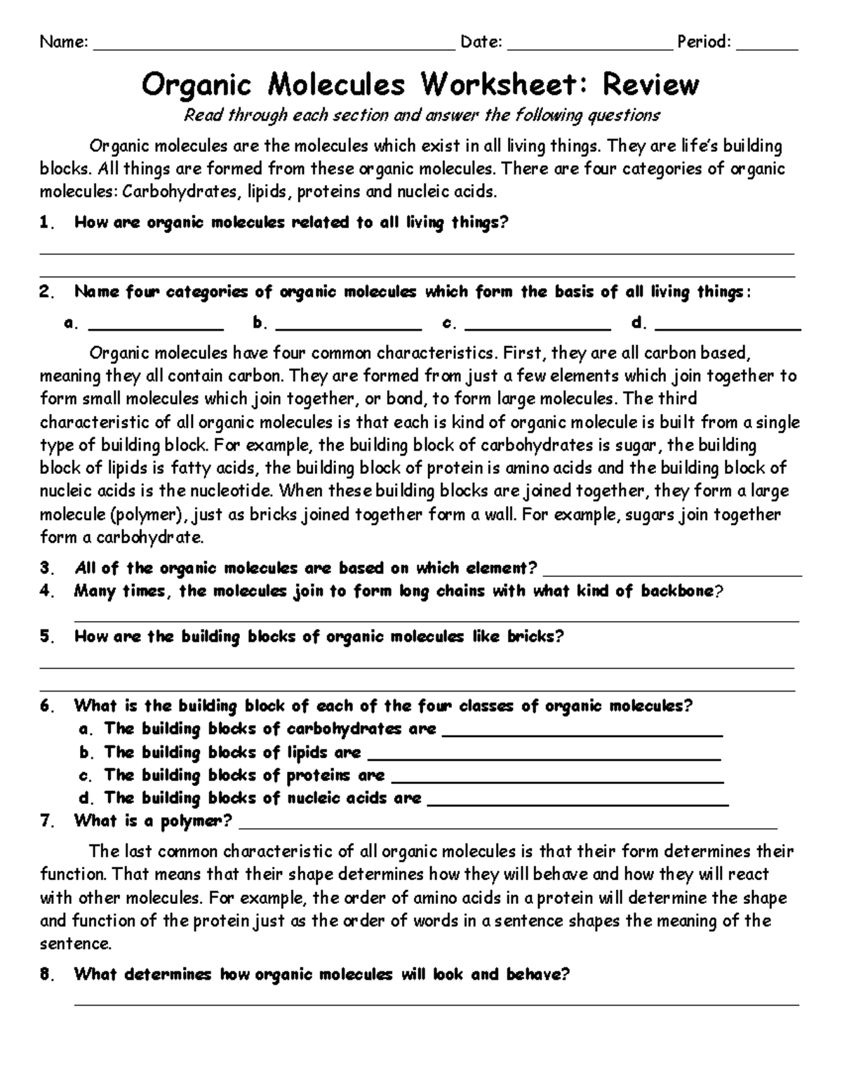 Macromolecules Review Worksheet (Organic Molecules) - Studocu