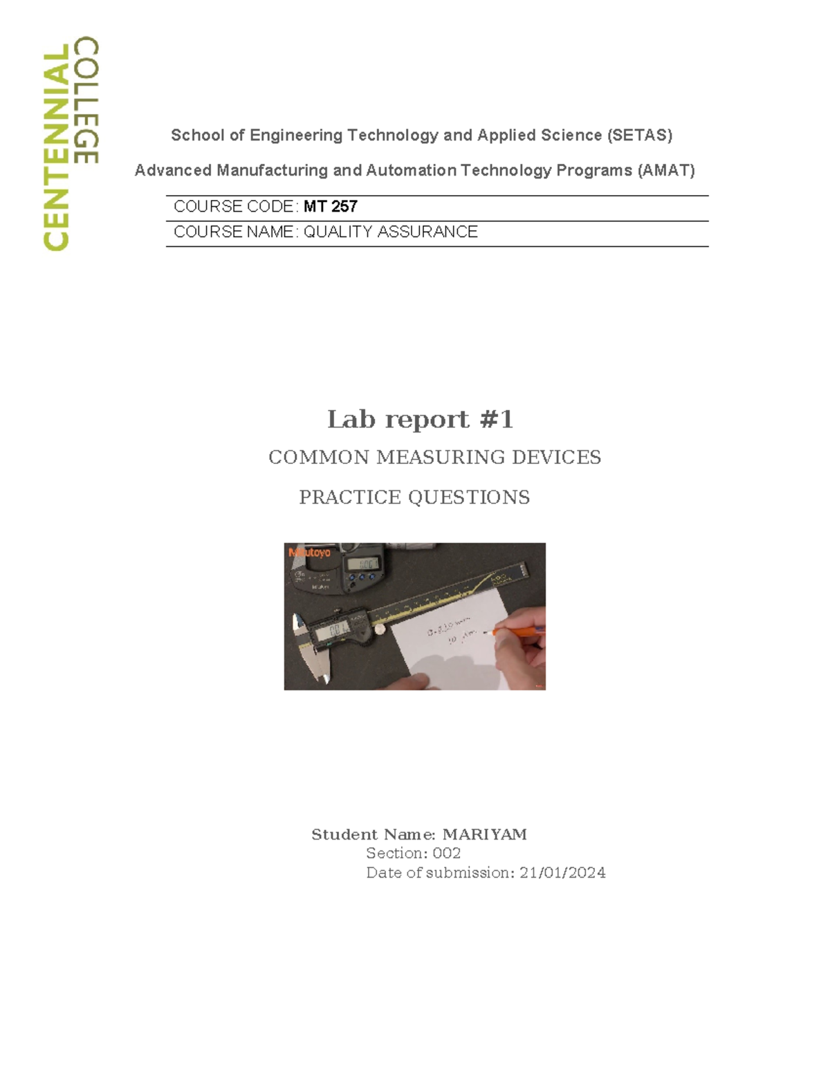 Lab report #1 - Homework - School of Engineering Technology and Applied ...
