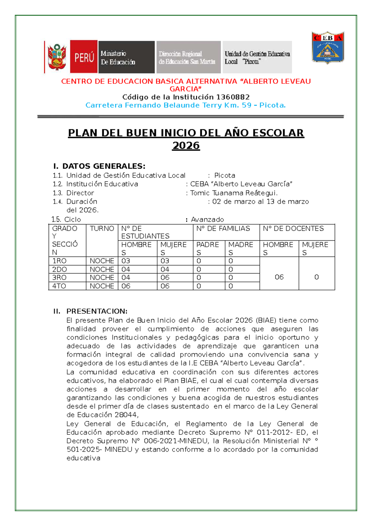 Plan de Buen Inicio del Año Escolar 2026 - CEBA Leveau - Studocu
