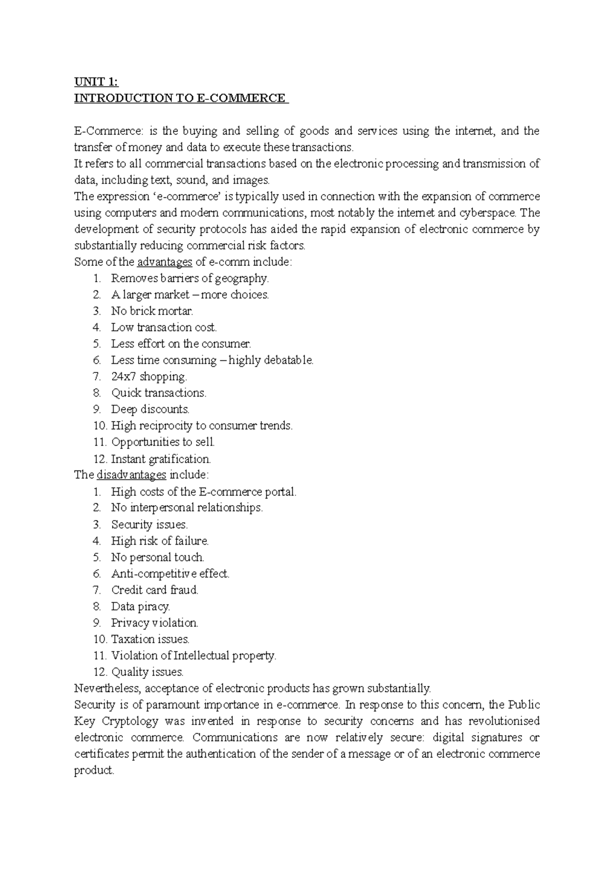E- Commerce End Semester Exam Notes - UNIT 1: INTRODUCTION TO E ...