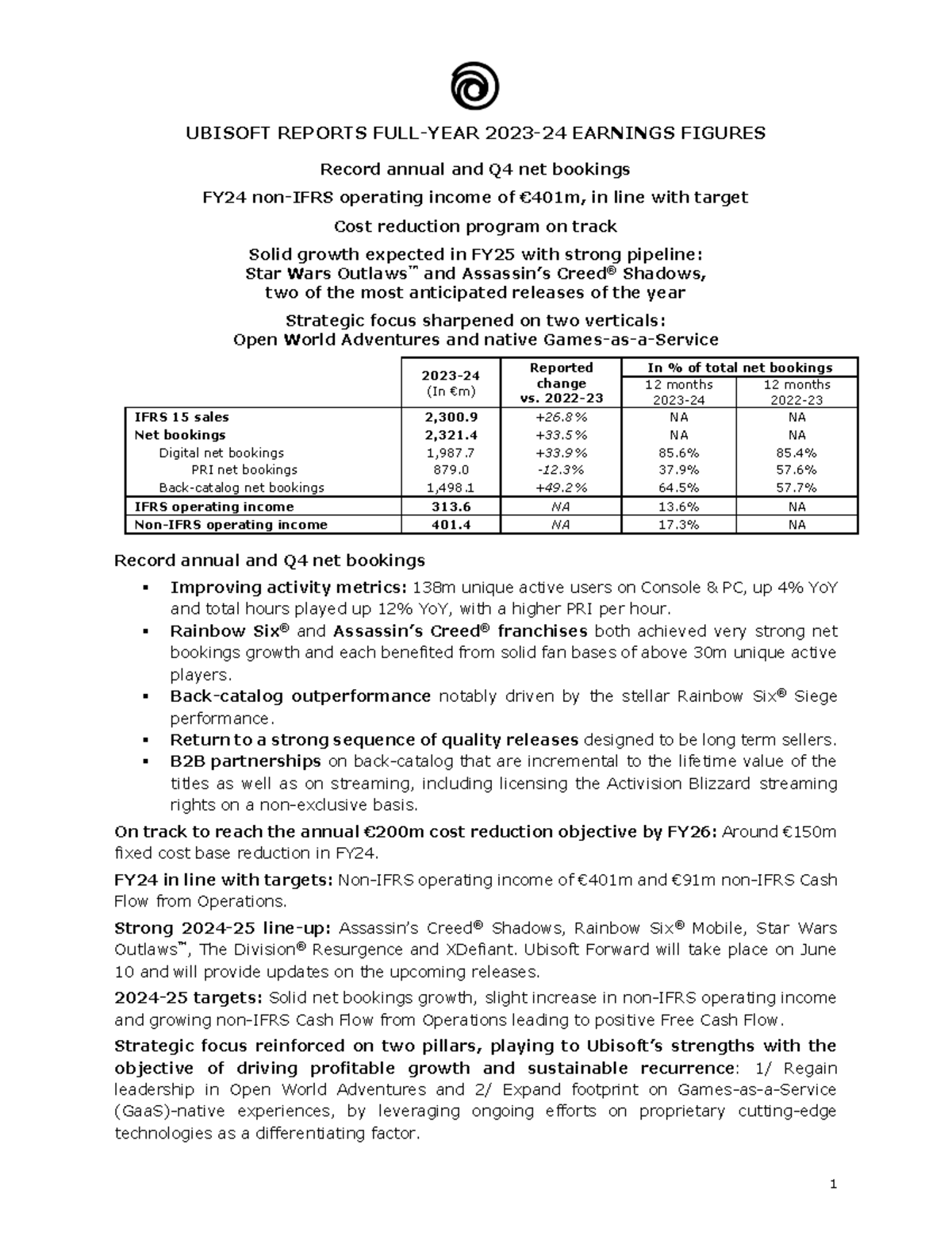 Maternity Notes - UBISOFT REPORTS FULL-YEAR 2023-24 EARNINGS FIGURES ...