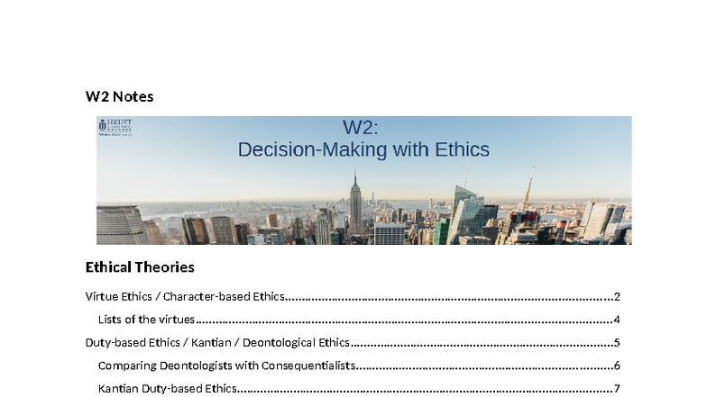 W2 Notes: Ethical Theories and Virtue Ethics Overview - Studocu