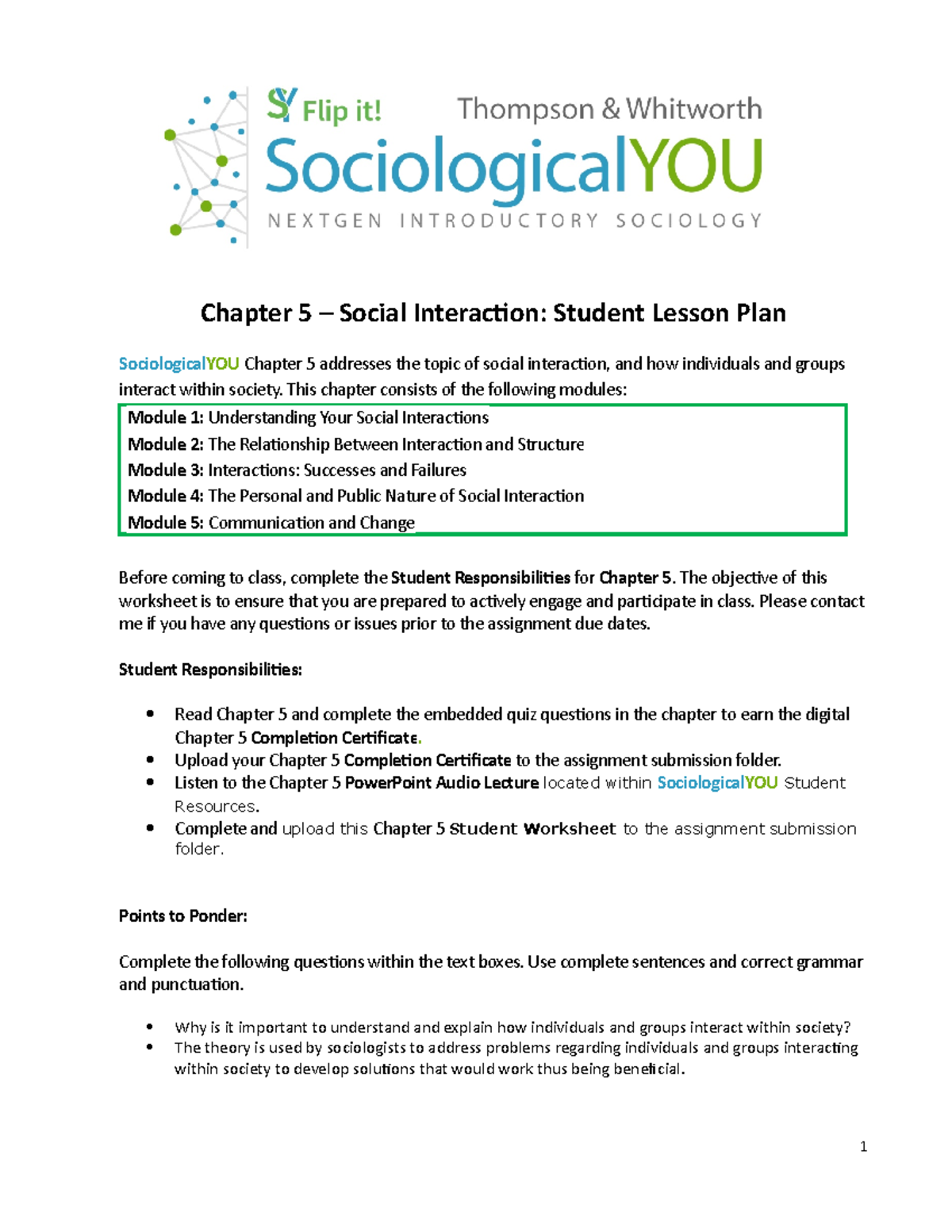 Chapter 5 Student Worksheet - Chapter 5 – Social Interaction: Student ...