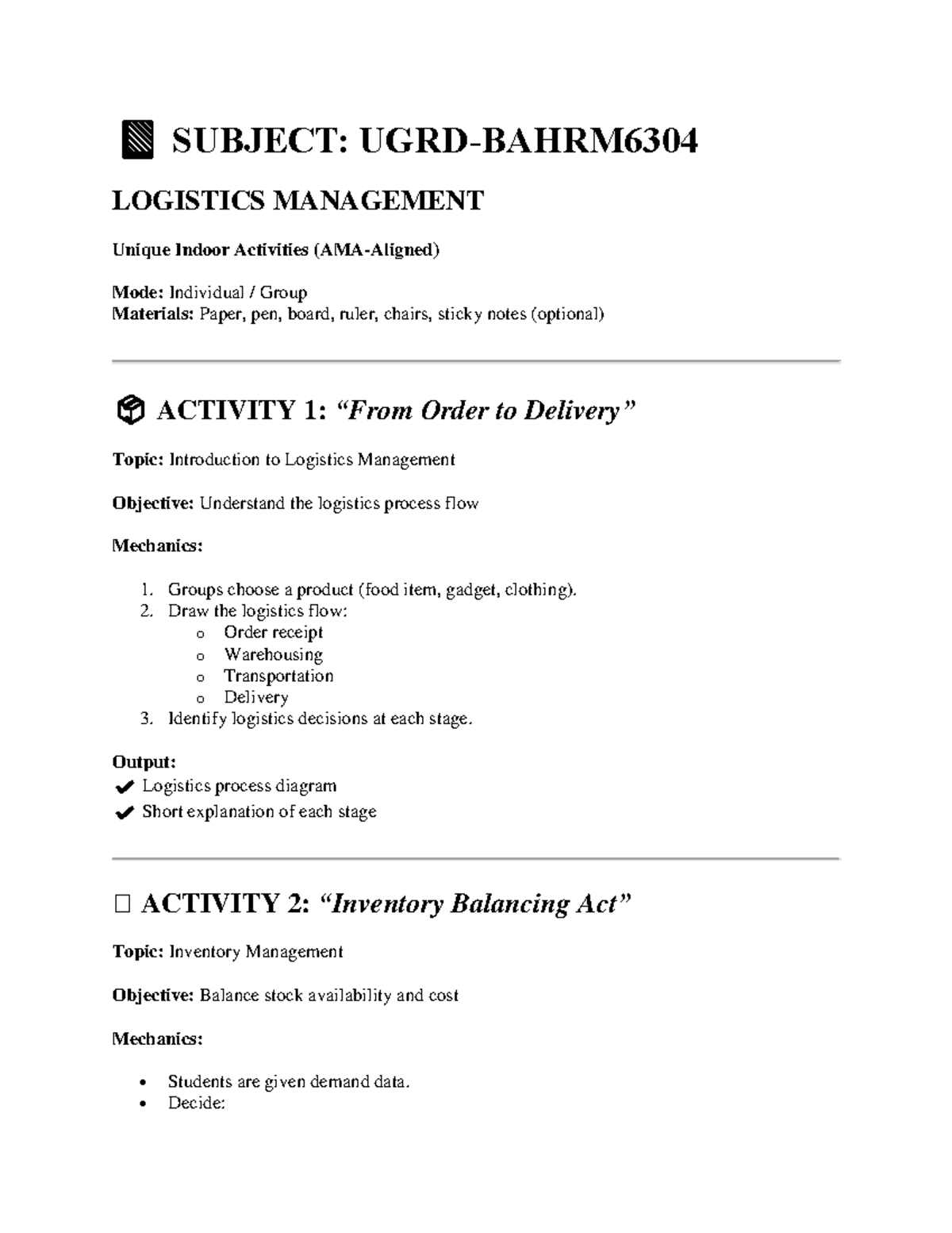Final Activity: Logistics Management (LOG 101) - Studocu