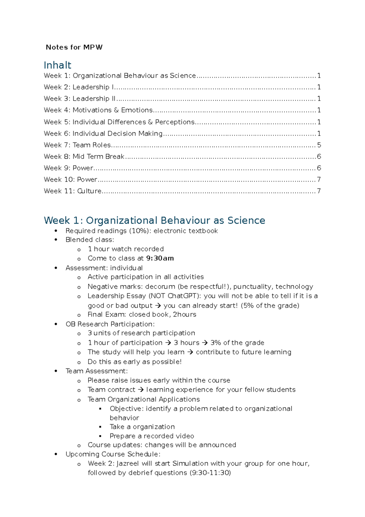 MPW 101: Week-by-Week Notes on Organizational Behaviour & Leadership ...
