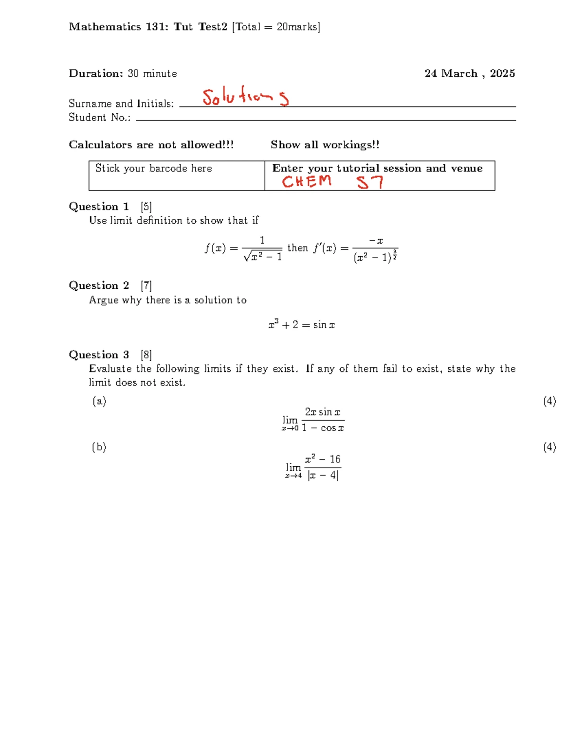 Mathematics 131: Tutorial Test 2 Solutions (26 March 2025) - Studocu