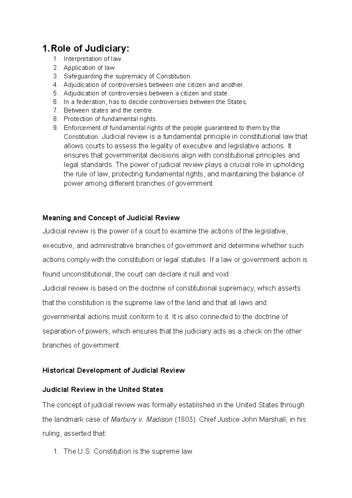 Constitutional Law 2: Role of Judiciary and Judicial Review Notes - Studocu