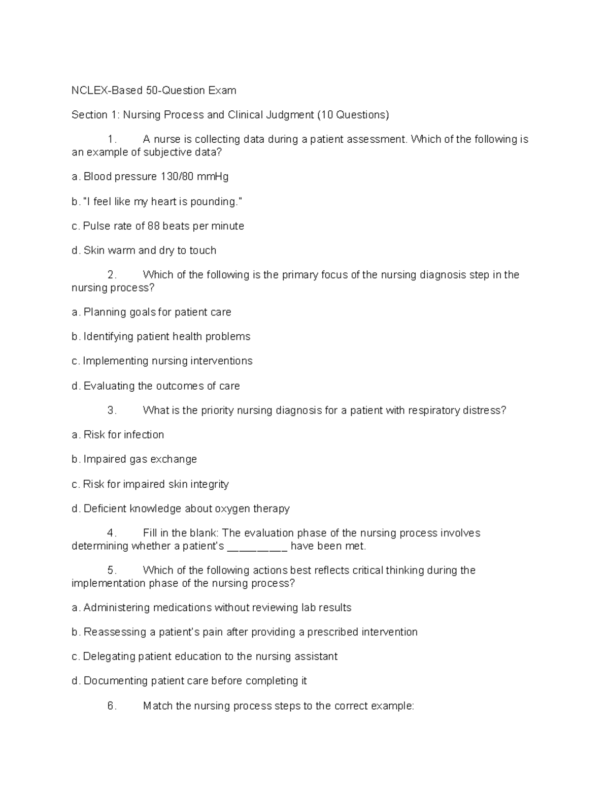 NUR 101: Practice Exam 1 on Nursing Process & Clinical Judgment - Studocu