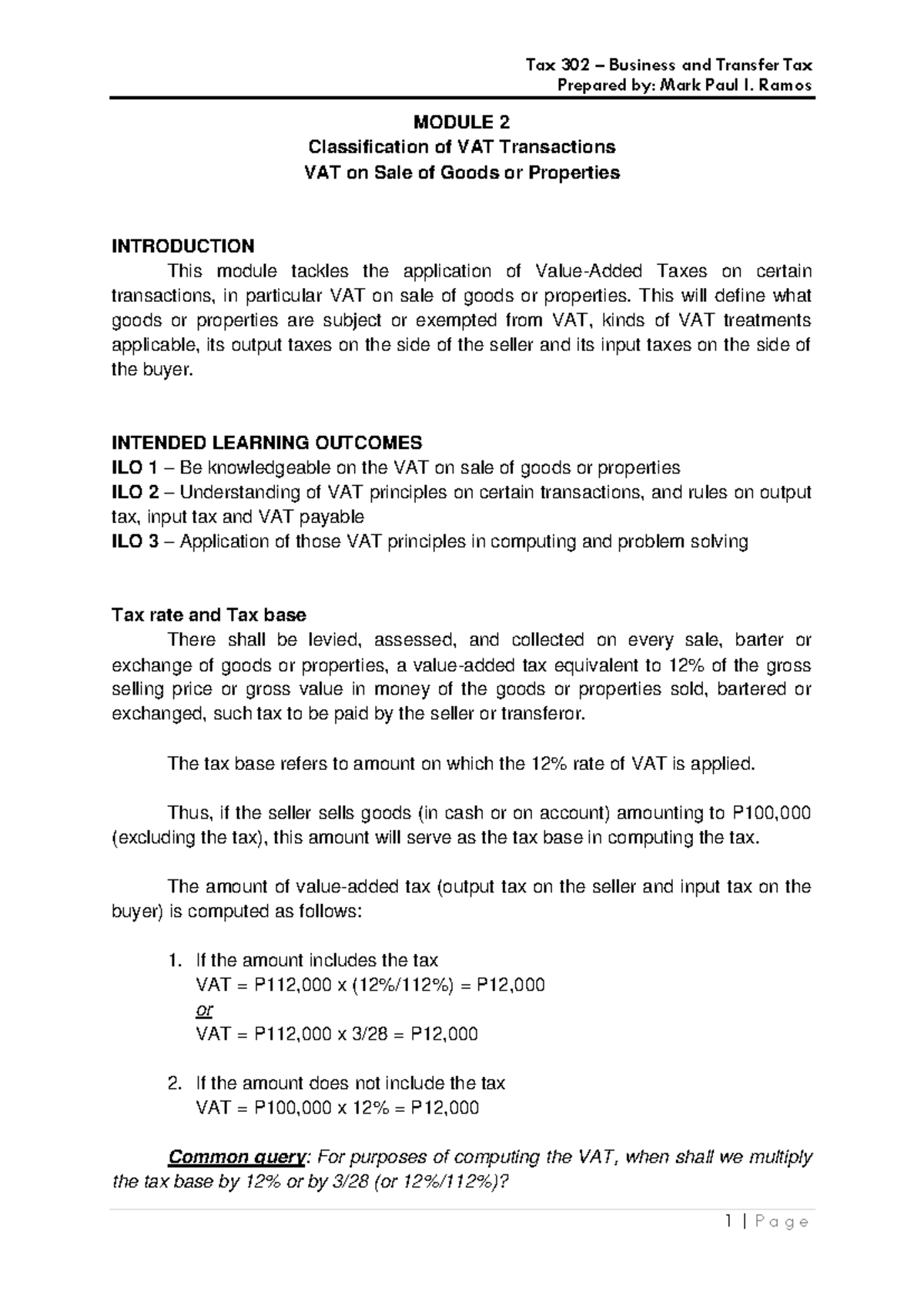 Tax 302 Business and Transfer Tax: Module 2 on VAT transactions - Studocu