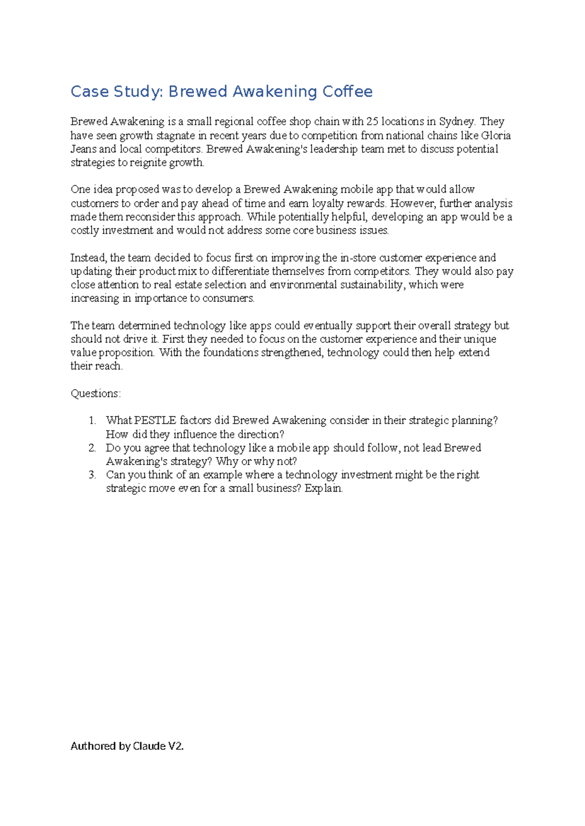 Week 2 - Case Study: Strategic Planning for Brewed Awakening Coffee ...