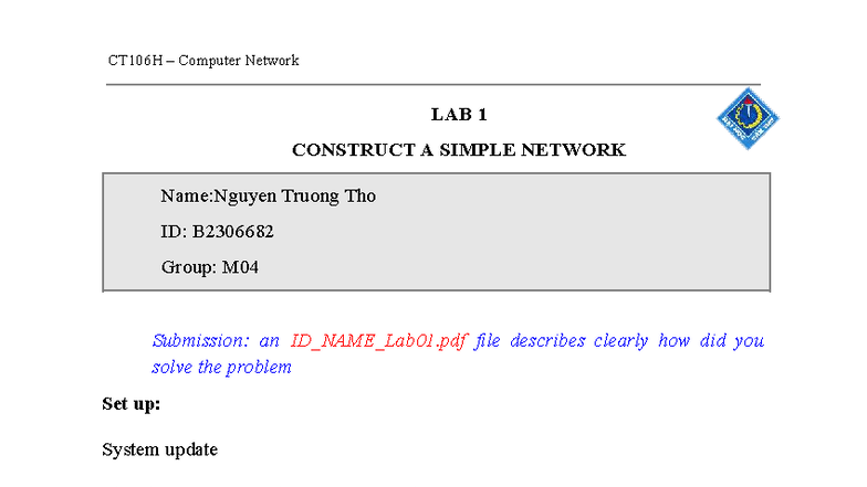 B2306682 Nguyen Truong Tho Lab1 - LAB 1 CONSTRUCT A SIMPLE NETWORK Name ...