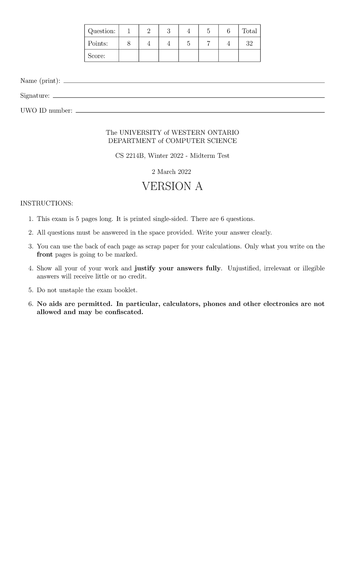 CS 2214B Midterm Exam A - Practice Questions and Instructions - Studocu