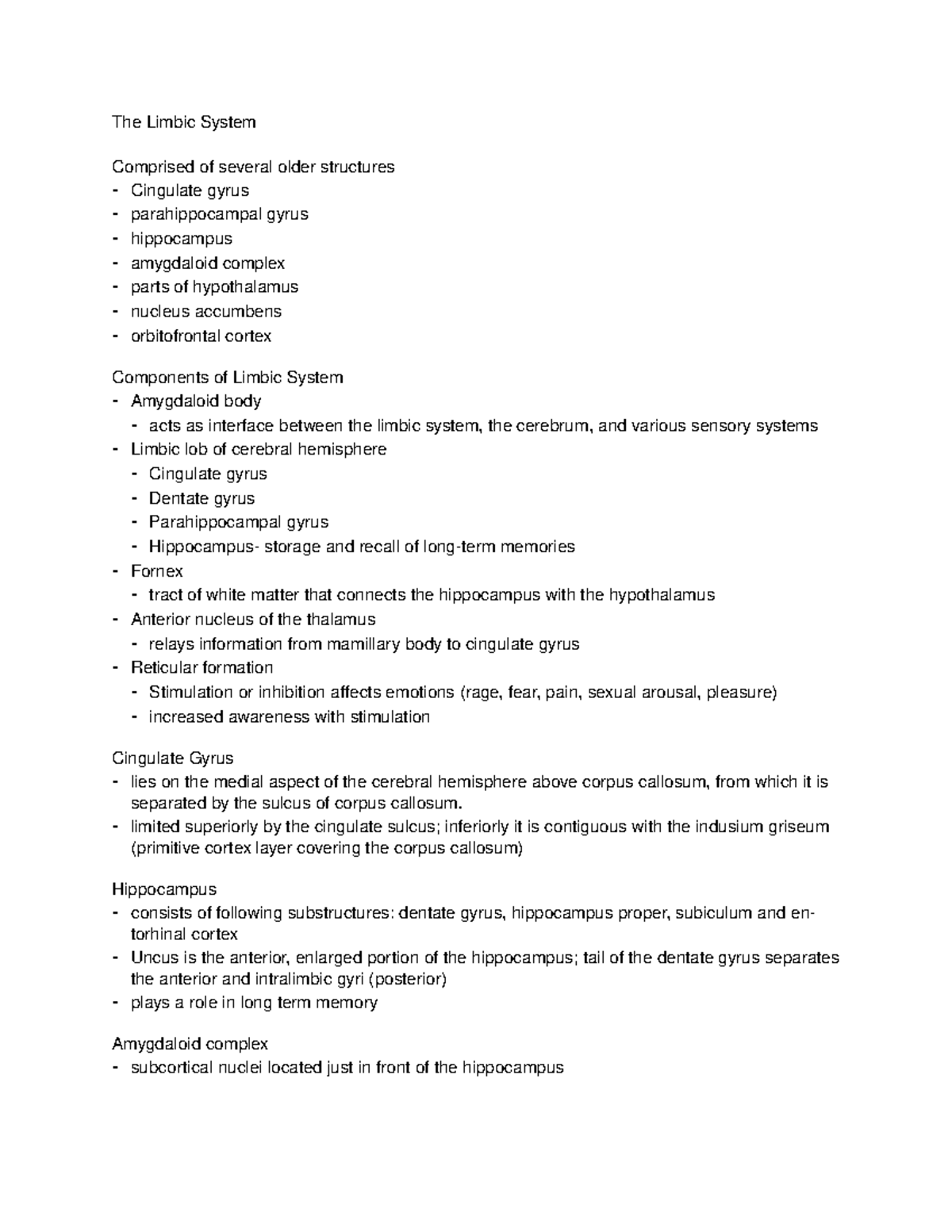 Limbic system - Lecture notes 8 - The Limbic System Comprised of ...