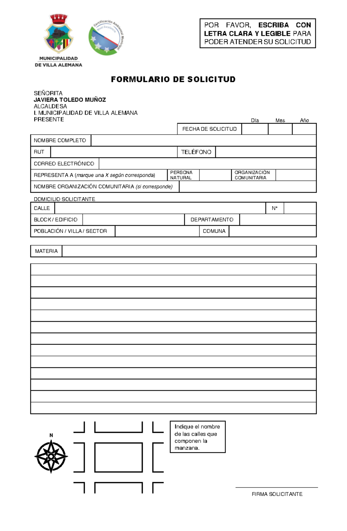 Formulario Solicitud Oficina de Partes - POR FAVOR, ESCRIBA CON LETRA ...