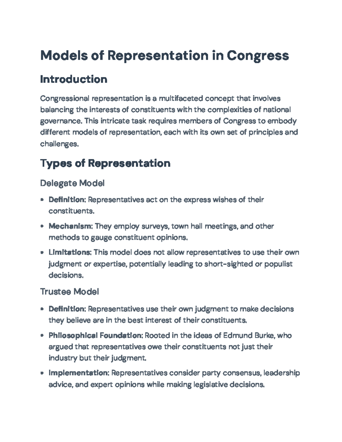 Models of Congressional Representation: Understanding Empirical ...
