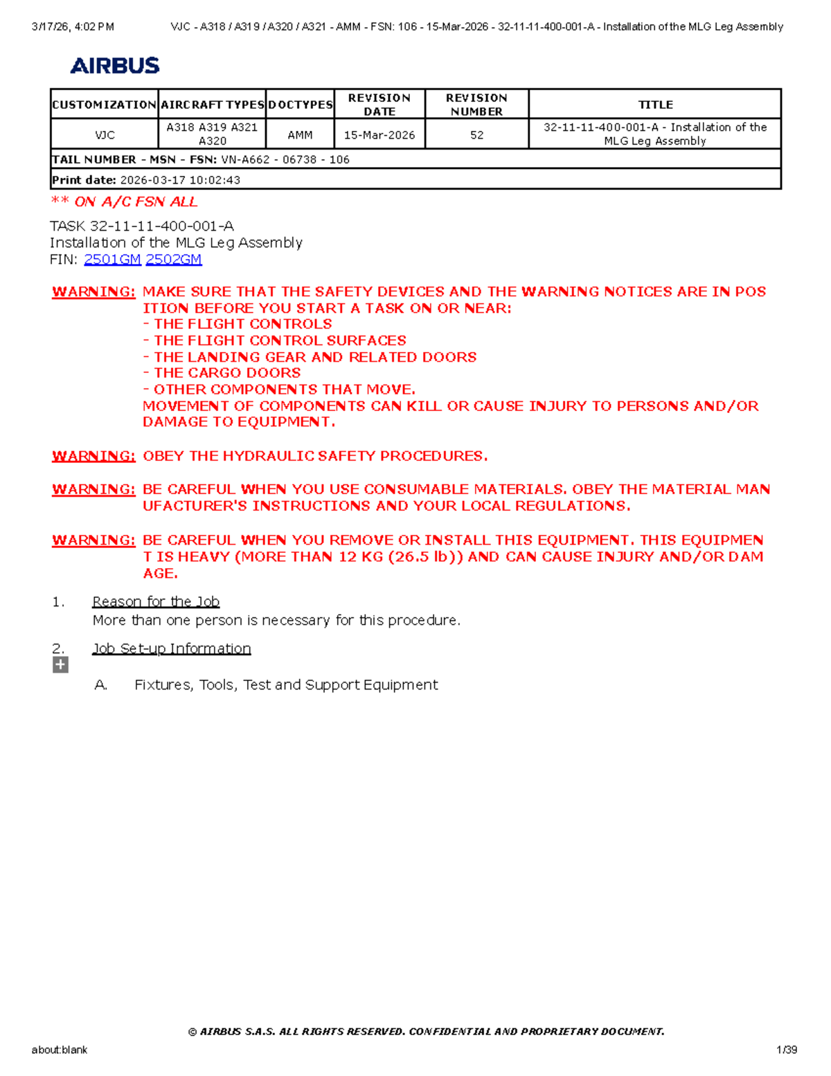 VJC A318 A319 A320 A321 AMM FSN 106 - MLG Leg Assembly Installation ...
