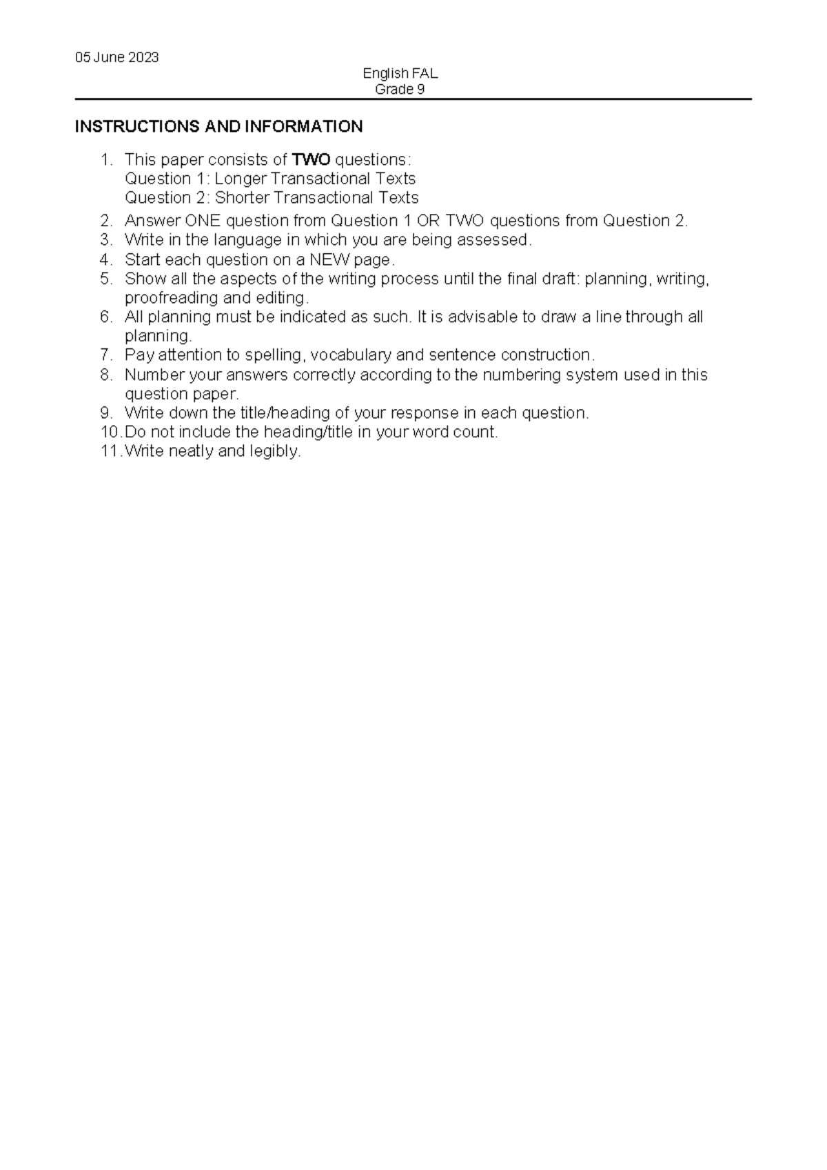 Grade 9 EFAL Term 2 Transactional Writing Instructions & Questions ...