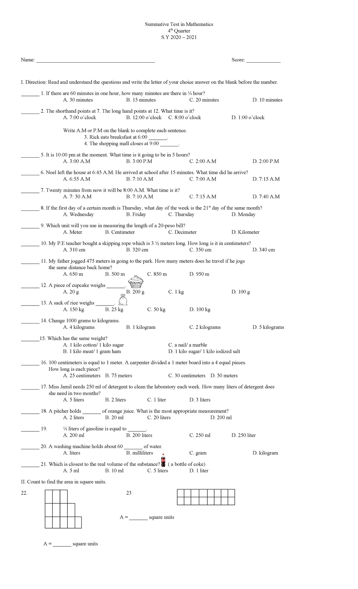 Summative Test in Mathematics - Direction: Read and understand the ...