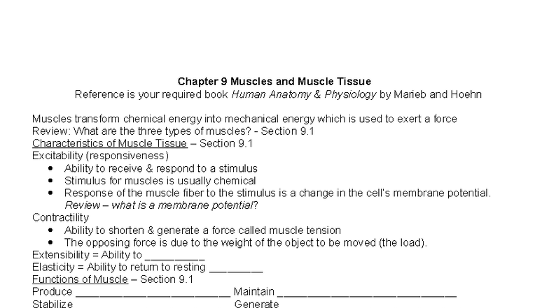 Muscle Physiology and Anatomy Notes - Chapter 9 (A&P) - Chapter 9 ...