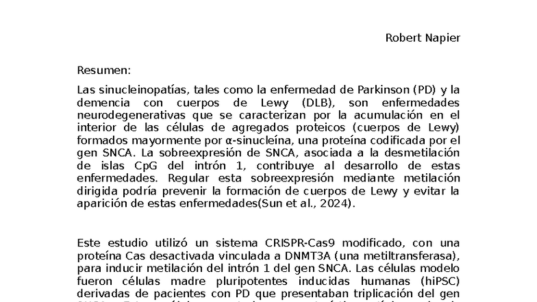 Regulación Epigenética de SNCA en Sinucleinopatías: Resumen - Studocu