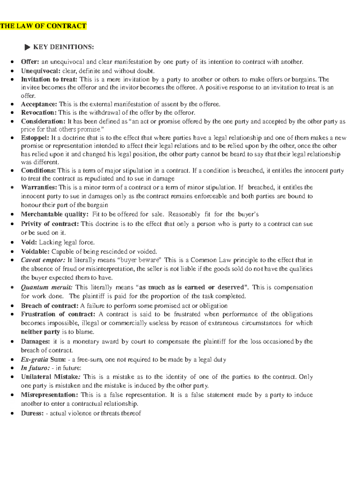 THE LAW OF Contract Notes - S T U D Y THE LAW OF CONTRACT KEY ...