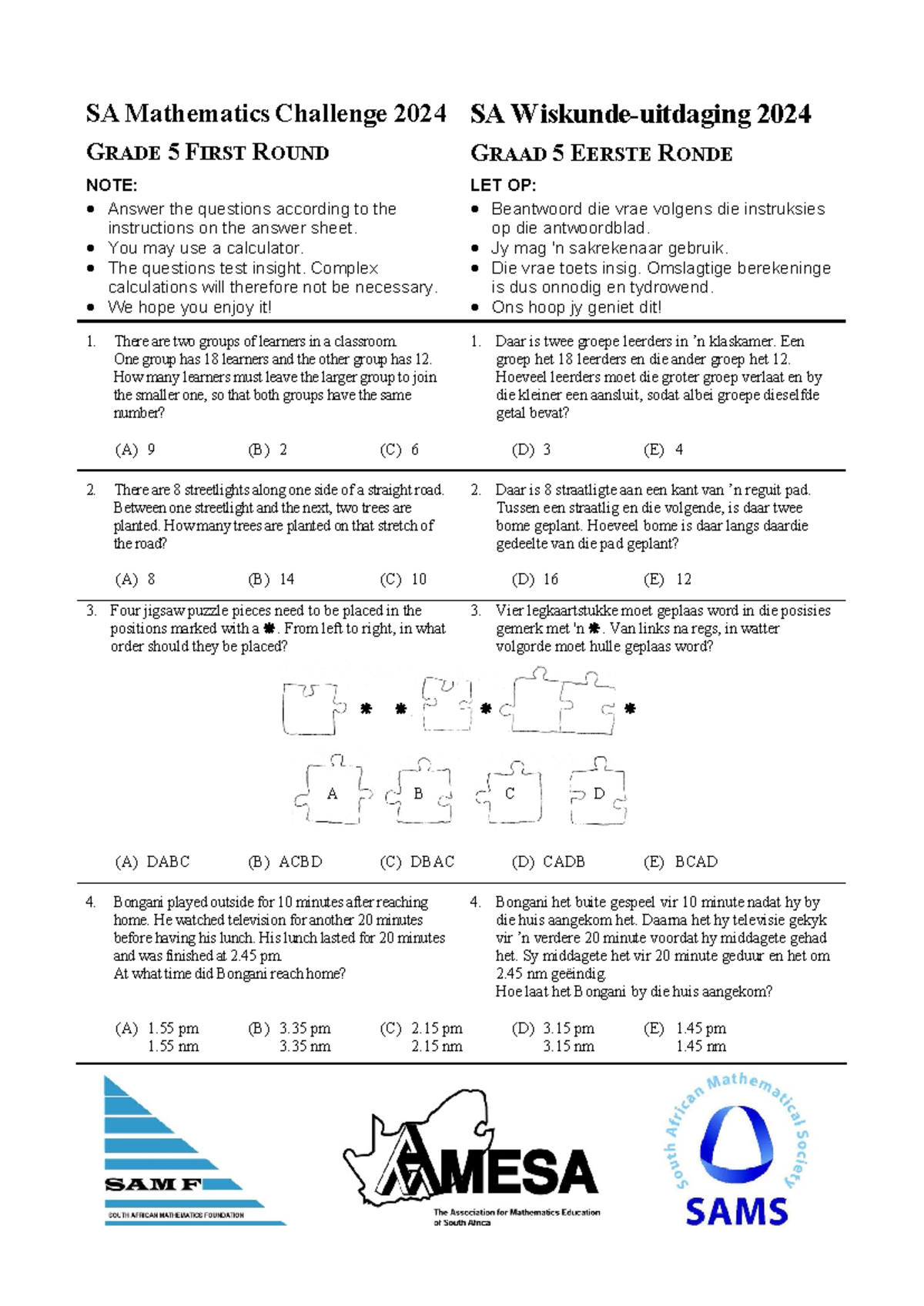 Grade 5124 - Assignment - SA Mathematics Challenge 20 24 GRADE 5 FIRST ...