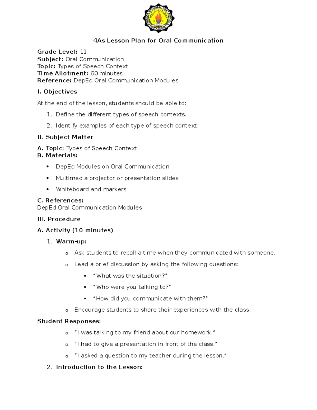 4As Lesson Plan: Types of Speech Context in Oral Comm for Grade 11 ...