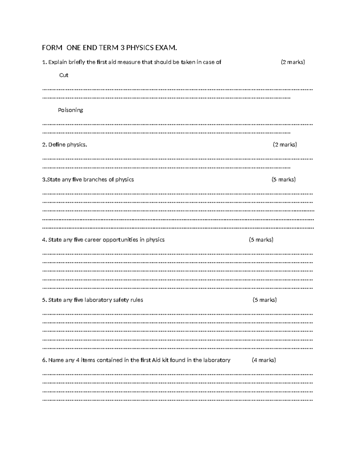FORM ONE END TERM 3 Physics EXAM - FORM ONE END TERM 3 PHYSICS EXAM. 1 ...