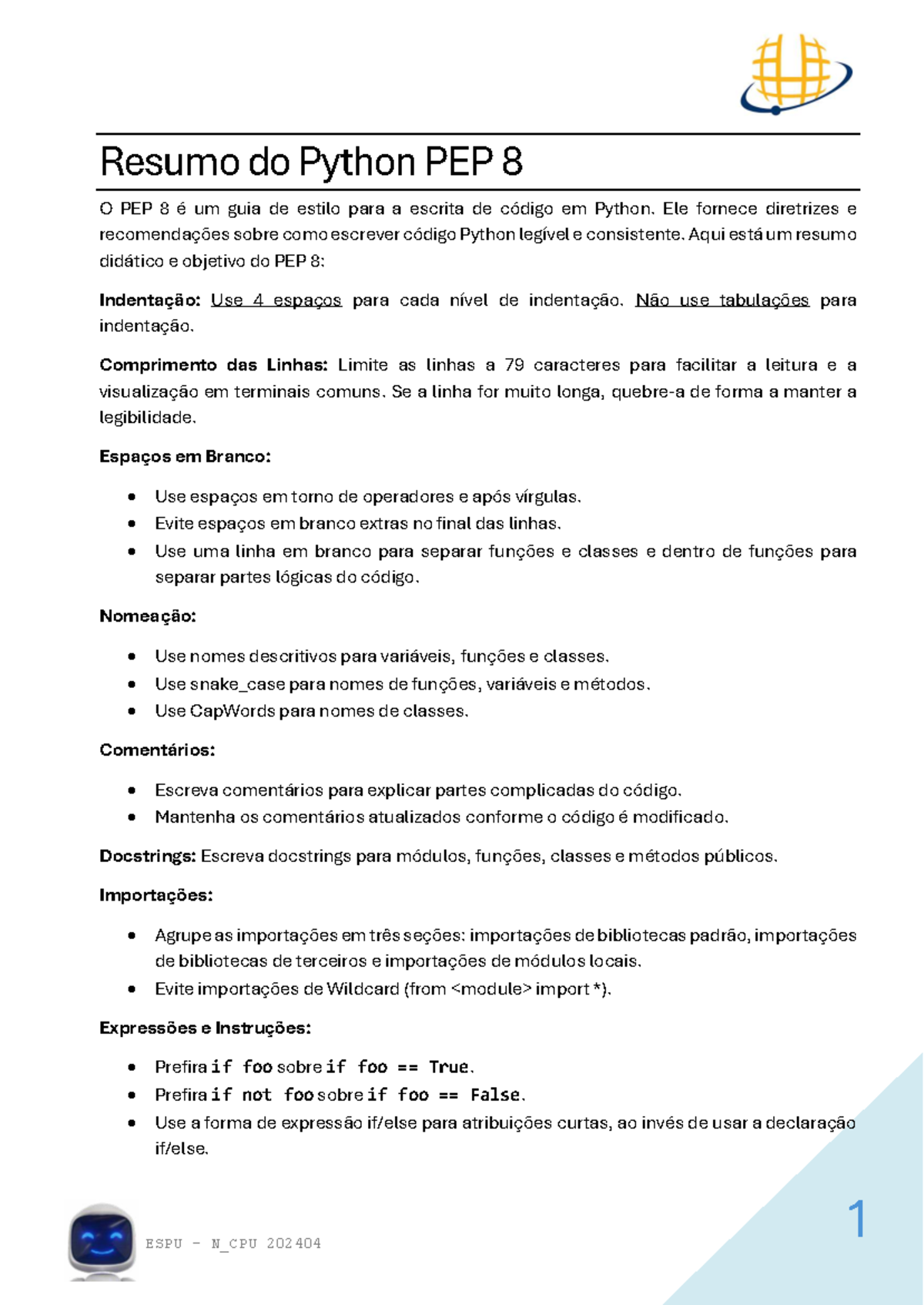 Resumo do PEP 8 em Python - Diretrizes de Estilo e Boas Práticas ESPU N ...