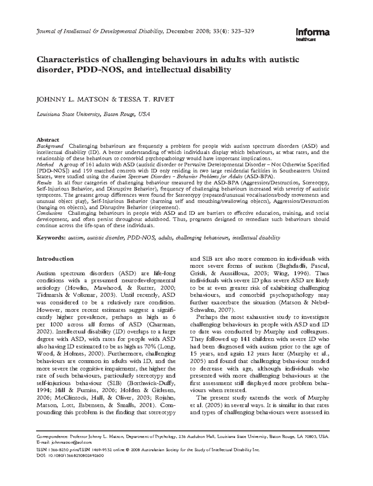 Challenging Behaviors in Adults with ASD and Intellectual Disabilities - Characteristics of ...