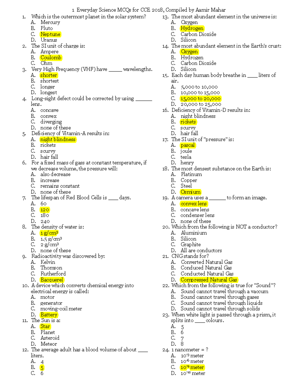 Everyday Science MCQs for CCE 2018 - Compiled by Aamir Mahar - Studocu
