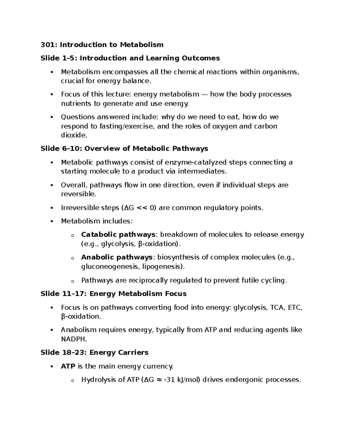 301: Introduction to Metabolism Lecture Notes on Energy and Glycolysis ...