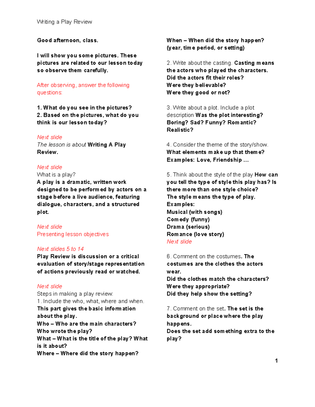 ENG 101: Writing a Play Review Script on 