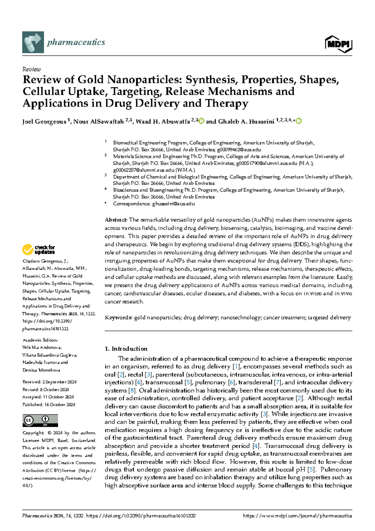 Pharmaceutics 2024: Comprehensive Review of Gold Nanoparticles in Drug ...