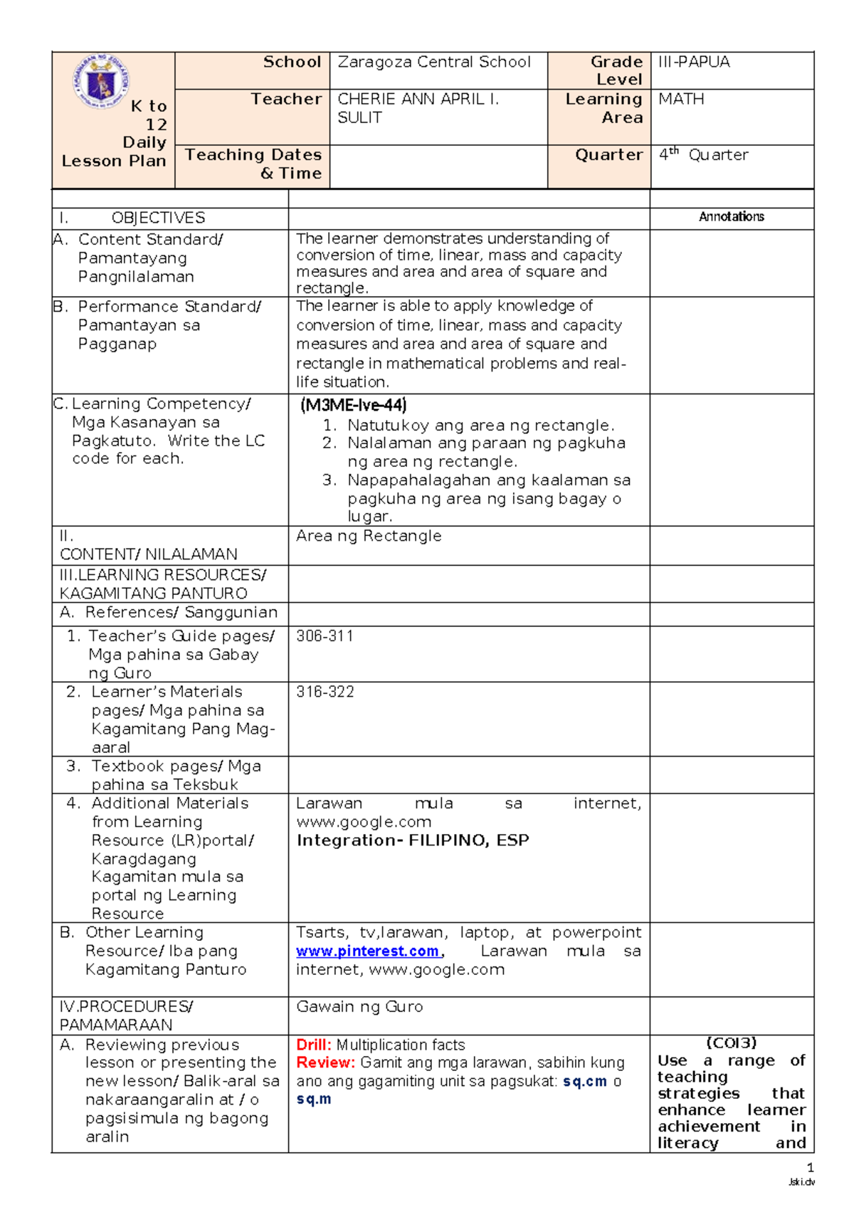 Grade III-PAPUA 4th Quarter Daily Lesson Plan on Area of Rectangle ...