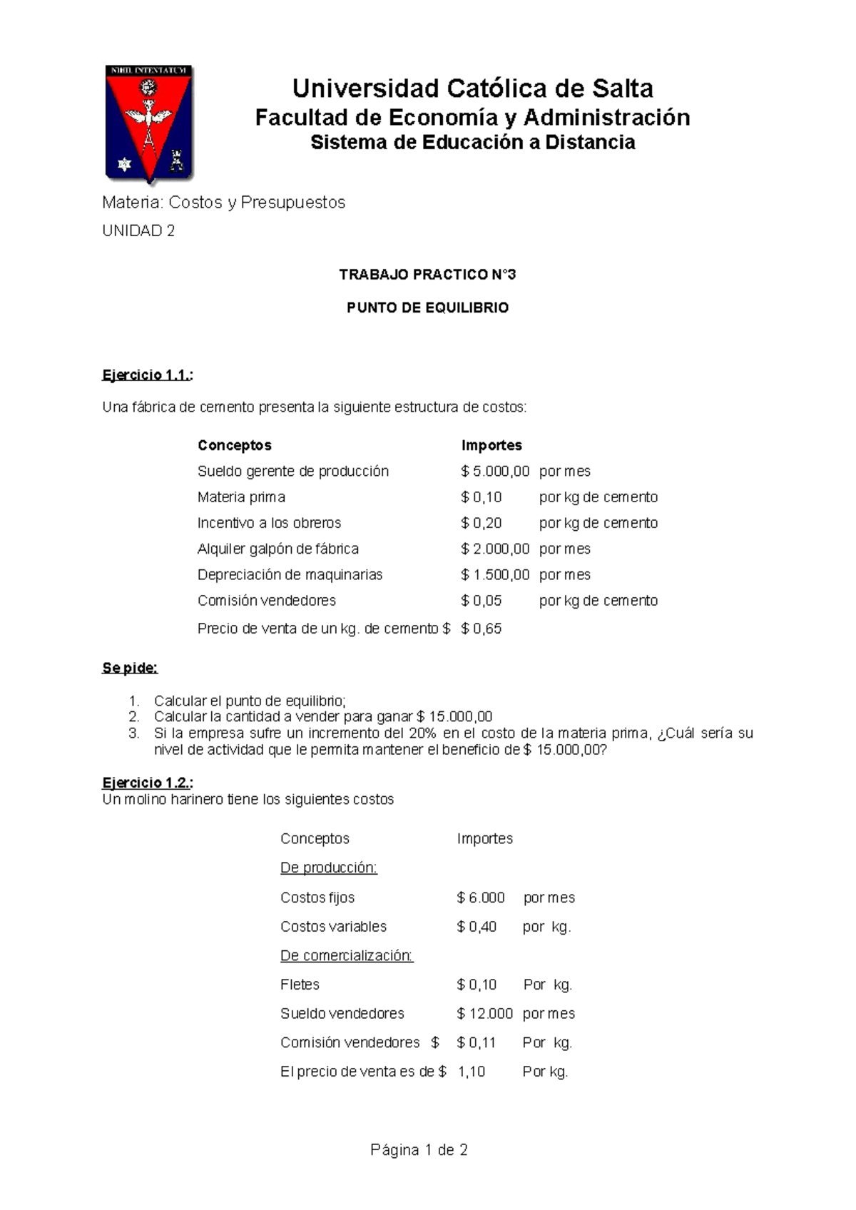 Guía de Trabajo Práctico 3: Costos y Presupuestos - Punto de Equilibrio ...