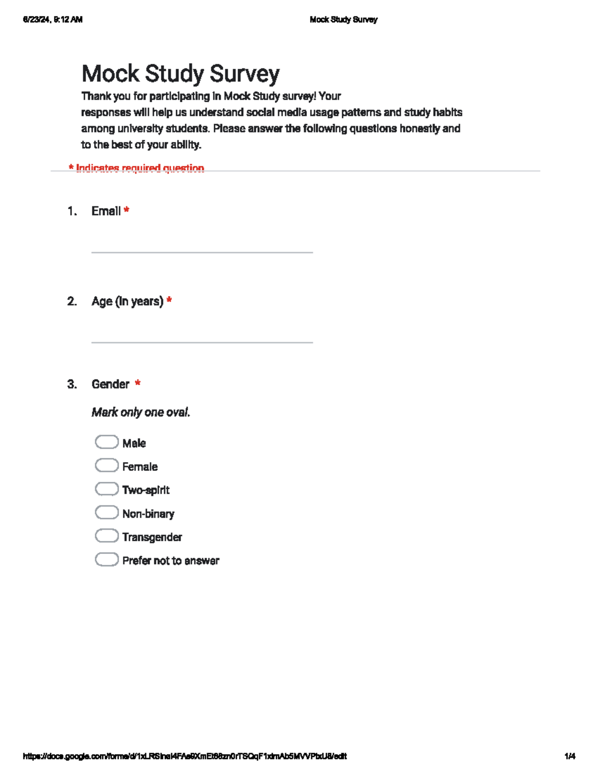 Survey - assignment 2 - 9:12 AM Mock Study Survey Mock Study Survey ...