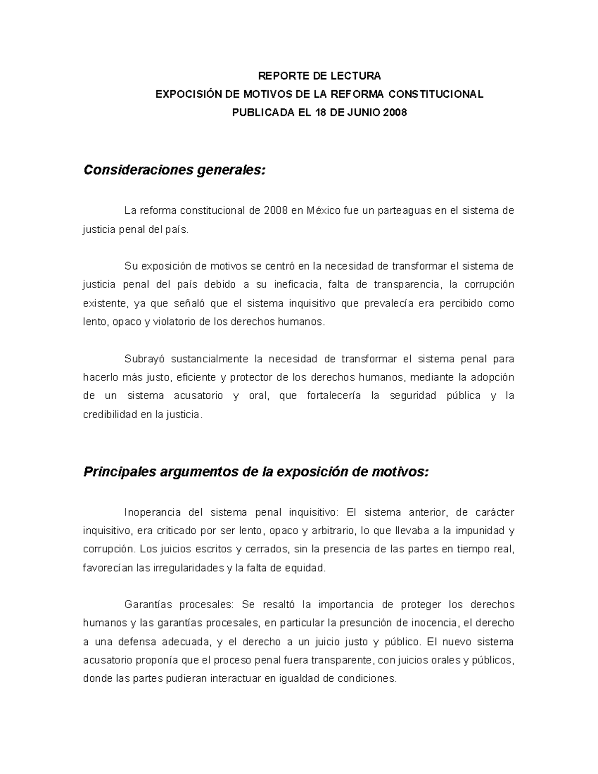 Reforma Constitucional de junio de 2008: Exposición de Motivos y ...