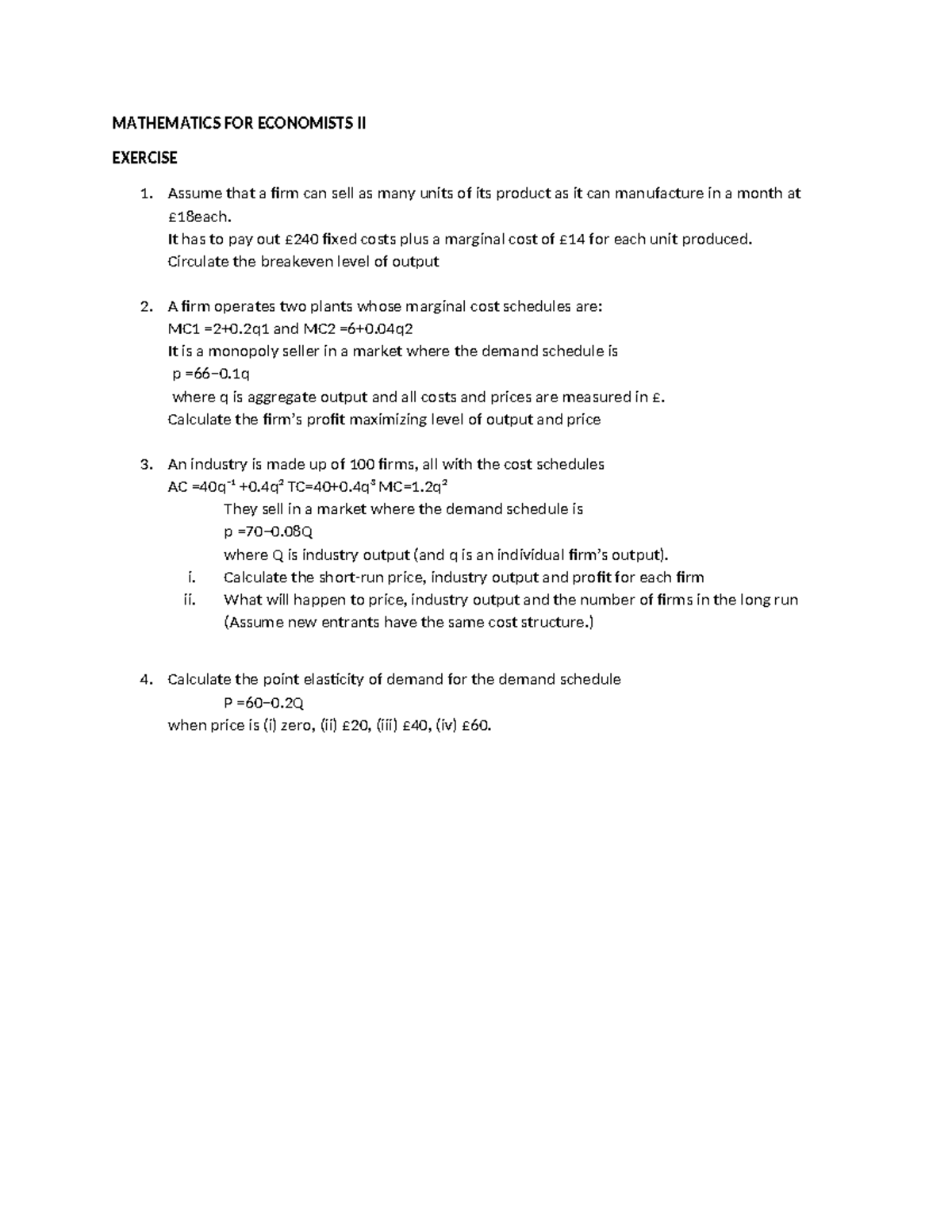 MATHEMATICS FOR ECONOMISTS II EXERCISE 1: Consolidated Questions - Studocu