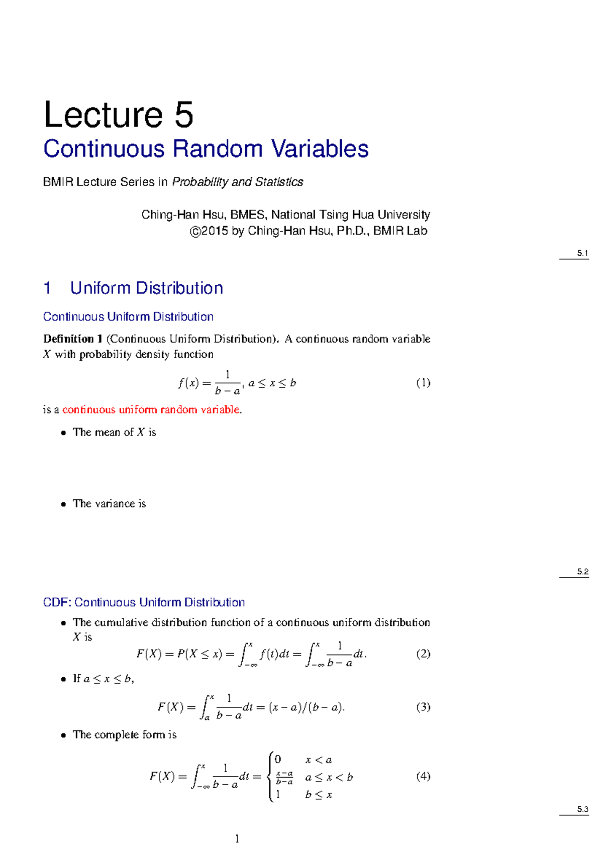 05 Continuous RV Note - Lecture 5 Continuous Random Variables BMIR ...