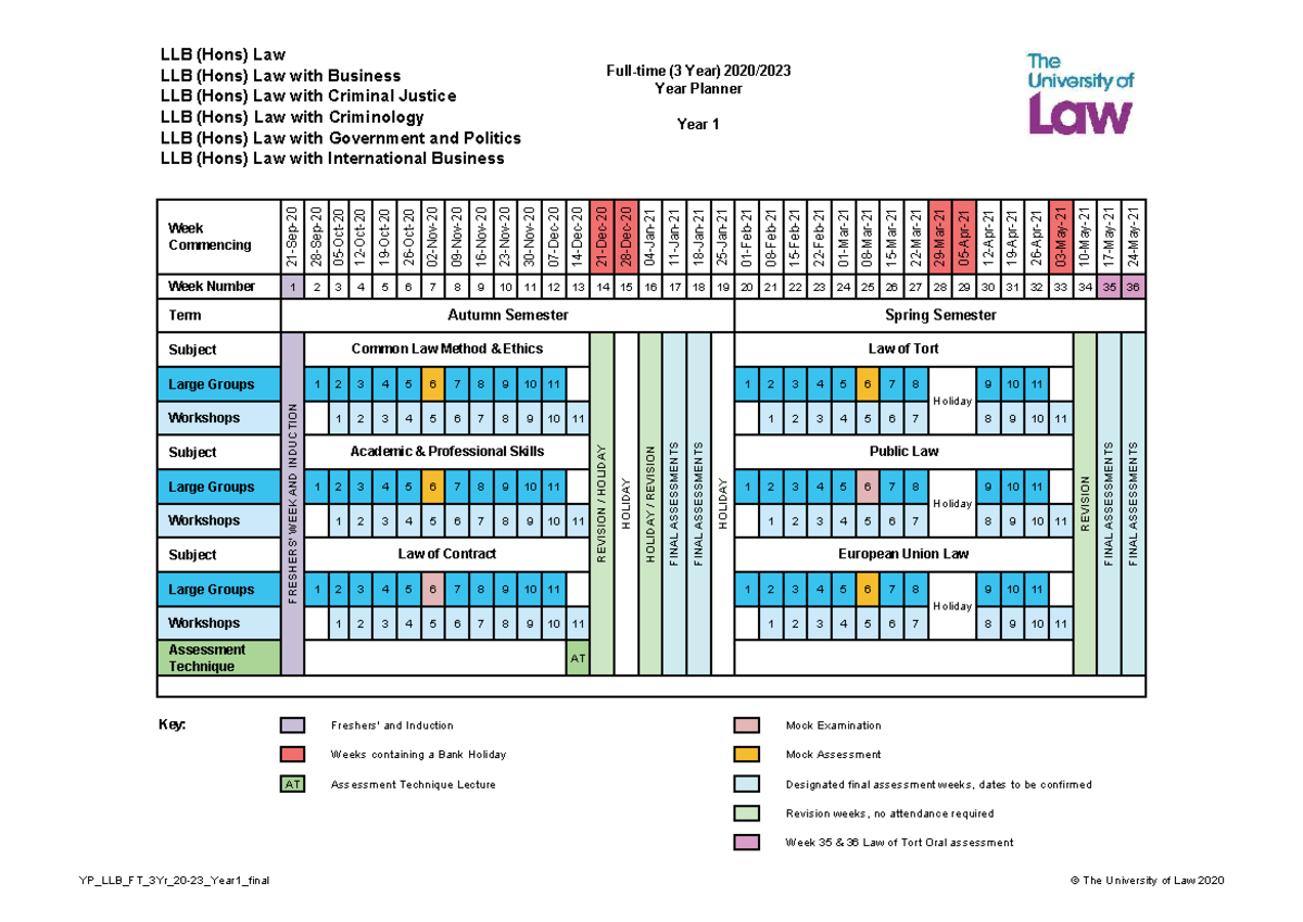 LLB (Hons) Year 1 Planner: Course Schedule & Assessments - Studocu