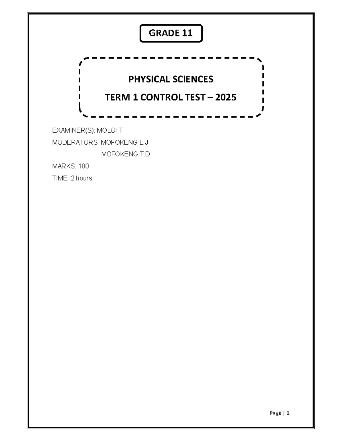 SW 2025 Grade 11 Physics Term 1 Control Test Past Paper - Studocu