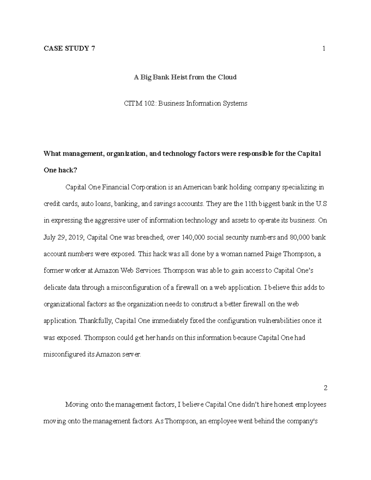 CITM 102 Case Study 7: Analyzing the Capital One Hack Factors - Studocu