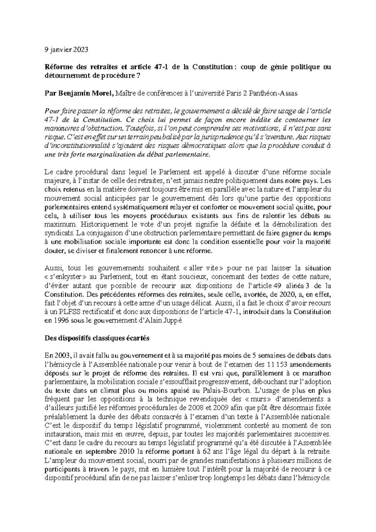 Analyse de la Réforme des Retraites et de la Constitution - 19 janv ...