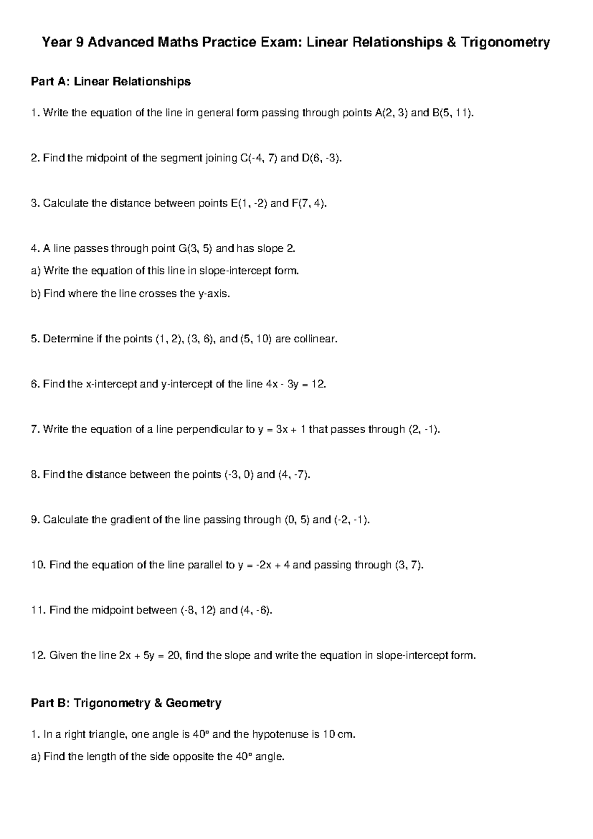 Year 9 Advanced Maths Practice Exam: Linear Relationships ...