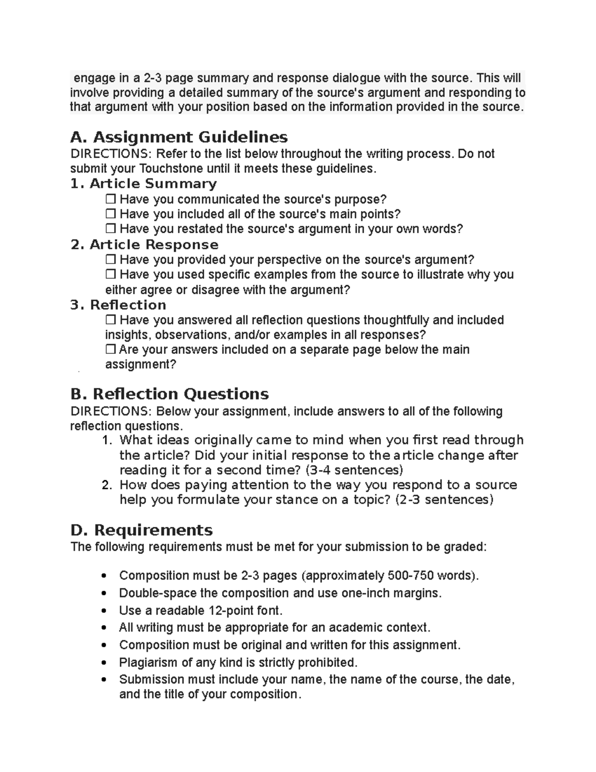 ENG 101 Touchstone 1: Summary and Response Dialogue Assignment - Studocu